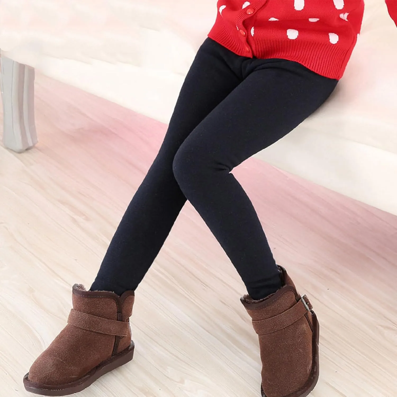 Kiench Girls Winter Leggings Fleece Lined Kids Warm Cotton Pants Pack of 2