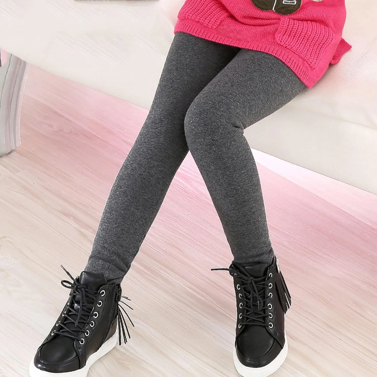 Kiench Girls Winter Leggings Fleece Lined Kids Warm Cotton Pants Pack of 2