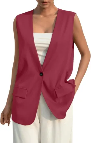 KIKX0DE Women Fall Fashion Sleeveless Blazer Jackets Lightweight Single Button Waistcoat Open Front Work Office Vest Top