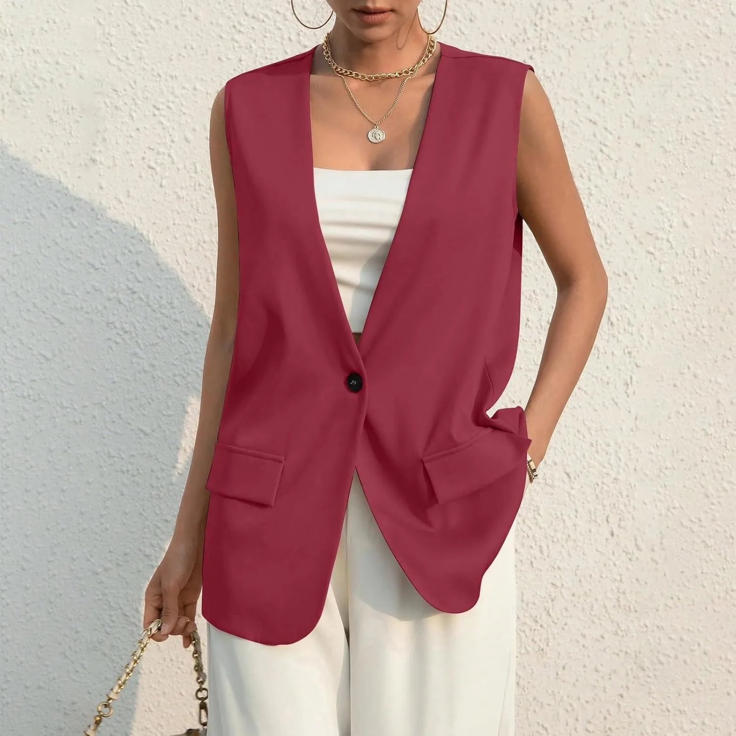 KIKX0DE Women Fall Fashion Sleeveless Blazer Jackets Lightweight Single Button Waistcoat Open Front Work Office Vest Top