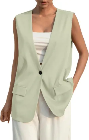 KIKX0DE Women Fall Fashion Sleeveless Blazer Jackets Lightweight Single Button Waistcoat Open Front Work Office Vest Top