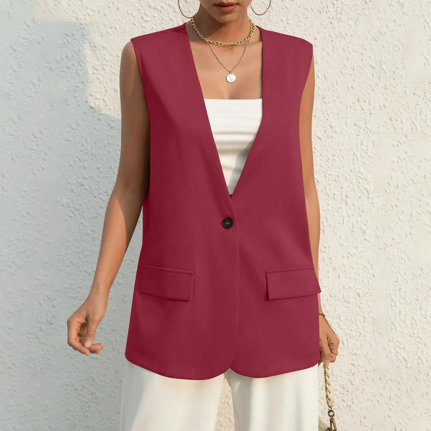 KIKX0DE Women Fall Fashion Sleeveless Blazer Jackets Lightweight Single Button Waistcoat Open Front Work Office Vest Top
