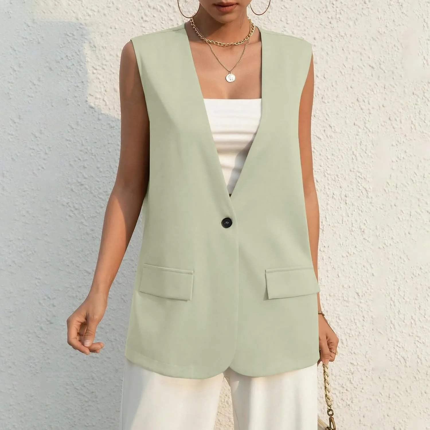 KIKX0DE Women Fall Fashion Sleeveless Blazer Jackets Lightweight Single Button Waistcoat Open Front Work Office Vest Top