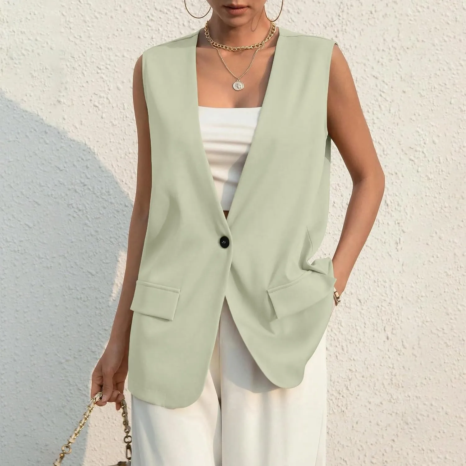 KIKX0DE Women Fall Fashion Sleeveless Blazer Jackets Lightweight Single Button Waistcoat Open Front Work Office Vest Top