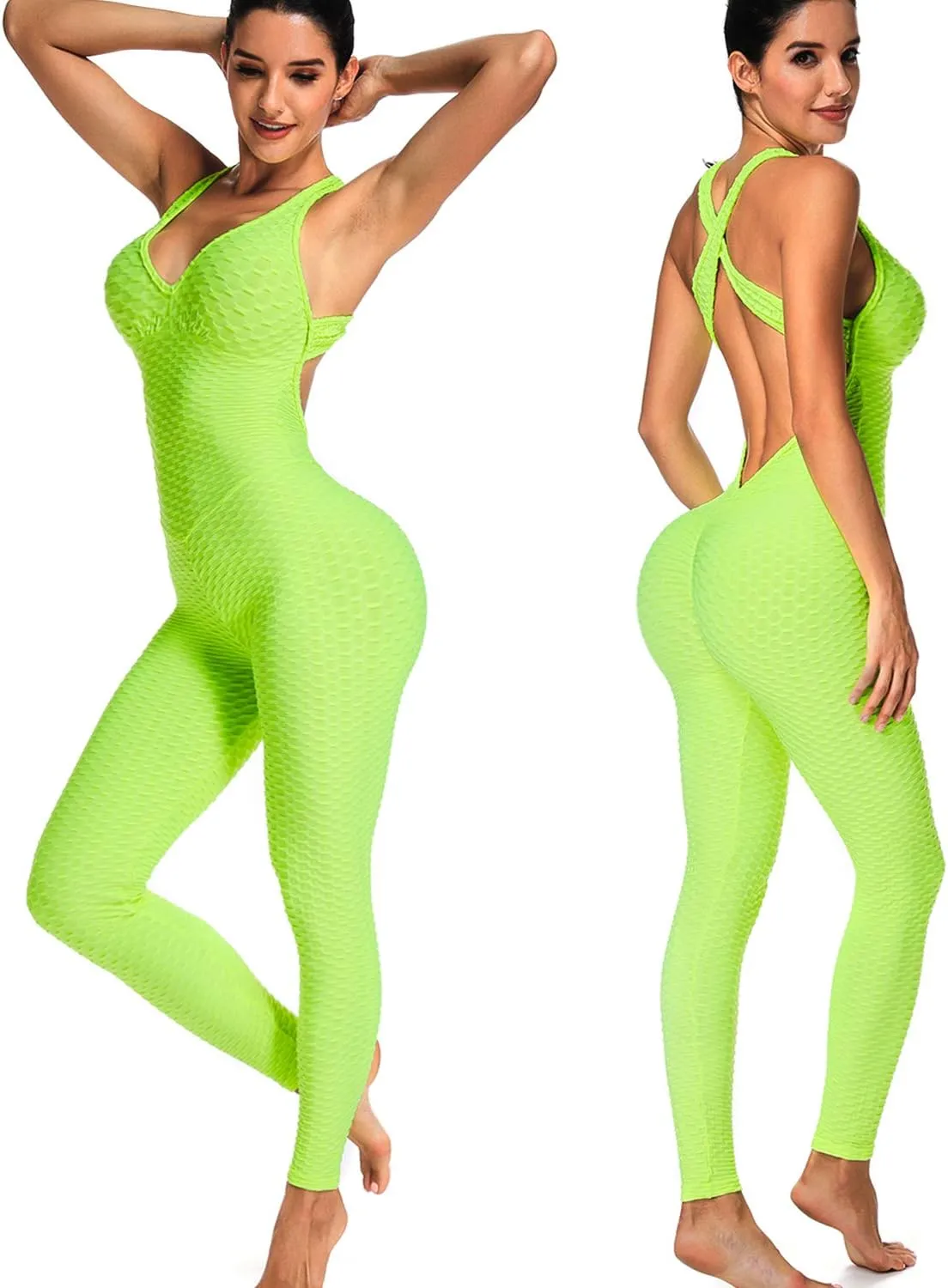 KIWI RATA One Piece Jumpsuits for Women Sleeveles Textured Gym Bodycon Backless Scrunch Butt Rompers