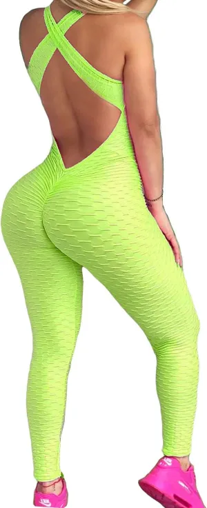 KIWI RATA One Piece Jumpsuits for Women Sleeveles Textured Gym Bodycon Backless Scrunch Butt Rompers