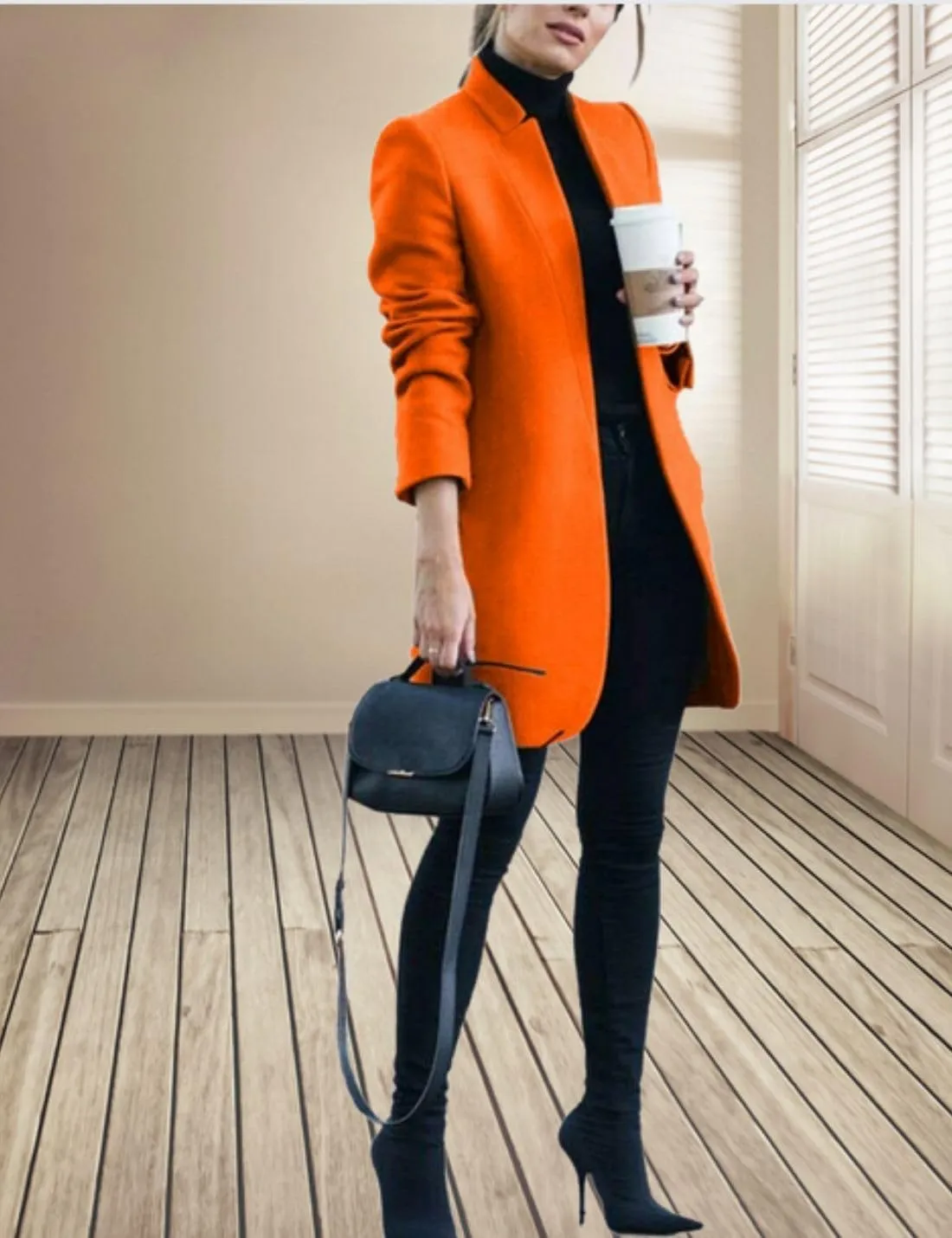 Kwoki Women's Stand Collar Open Front Pea Coat Casual Winter Warm Mid Long Blazer Trench Coats Overcoat Outerwear