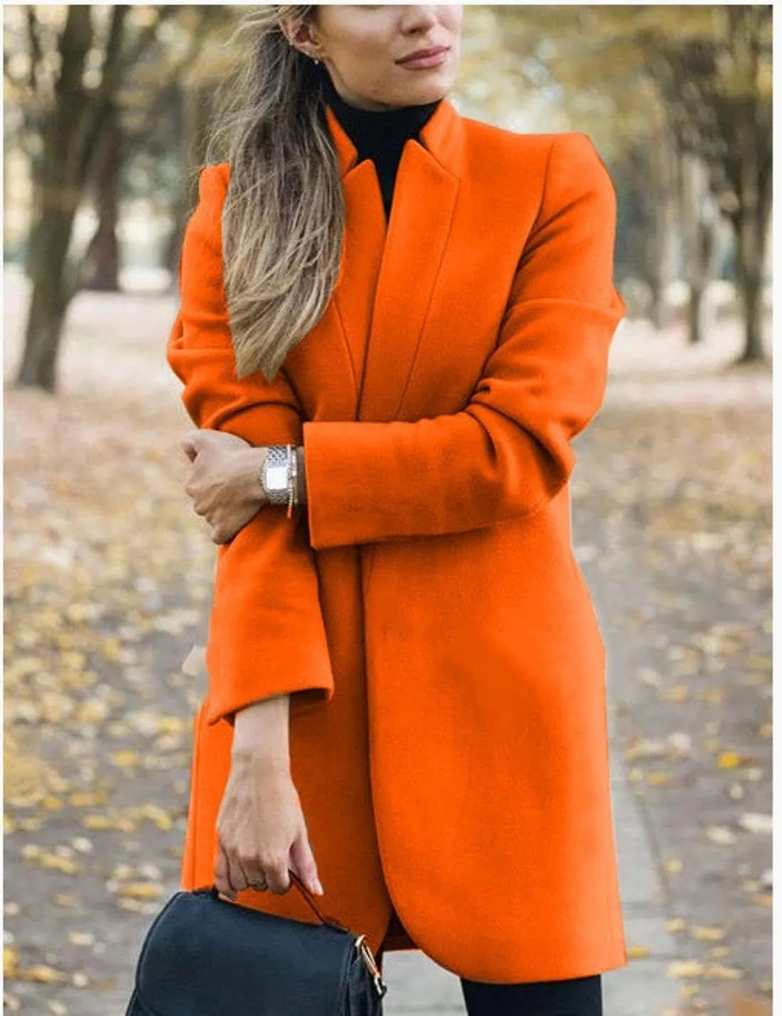 Kwoki Women's Stand Collar Open Front Pea Coat Casual Winter Warm Mid Long Blazer Trench Coats Overcoat Outerwear