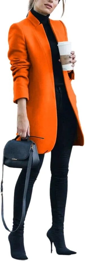 Kwoki Women's Stand Collar Open Front Pea Coat Casual Winter Warm Mid Long Blazer Trench Coats Overcoat Outerwear