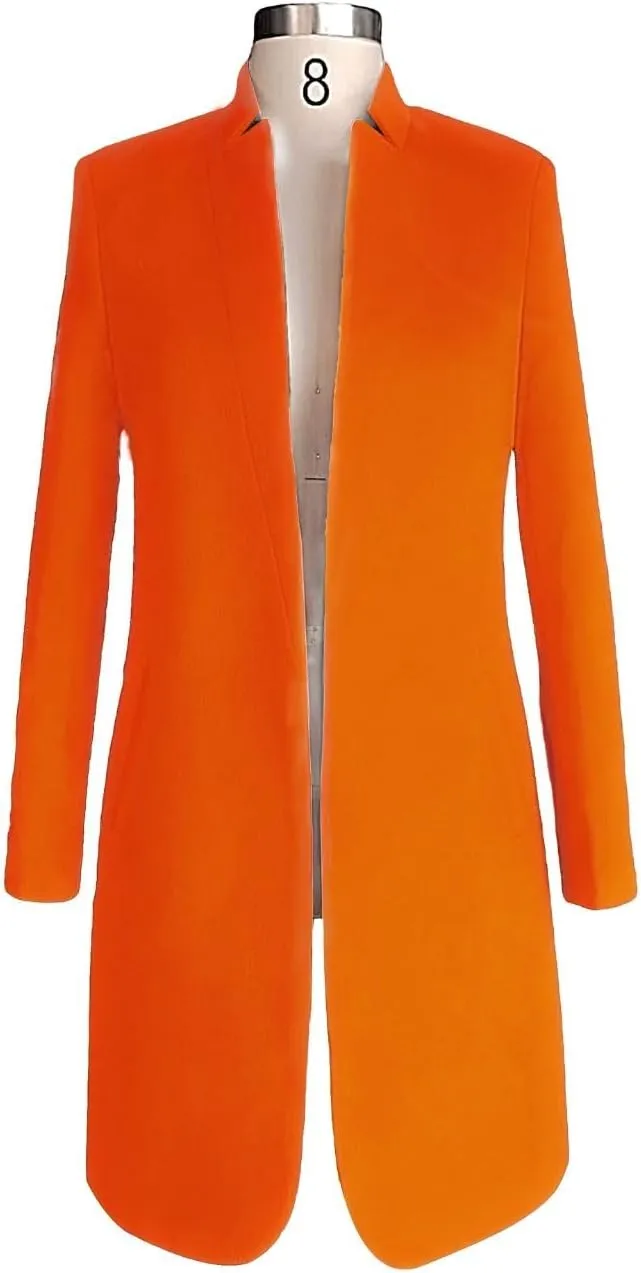 Kwoki Women's Stand Collar Open Front Pea Coat Casual Winter Warm Mid Long Blazer Trench Coats Overcoat Outerwear