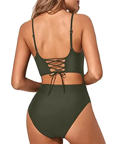 Lace-Up Adjustable Spaghetti Straps One Piece Swimsuits-Army Green