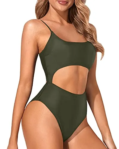 Lace-Up Adjustable Spaghetti Straps One Piece Swimsuits-Army Green
