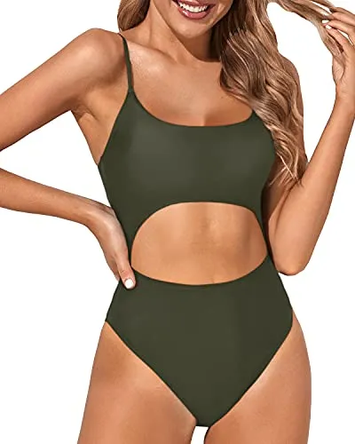 Lace-Up Adjustable Spaghetti Straps One Piece Swimsuits-Army Green