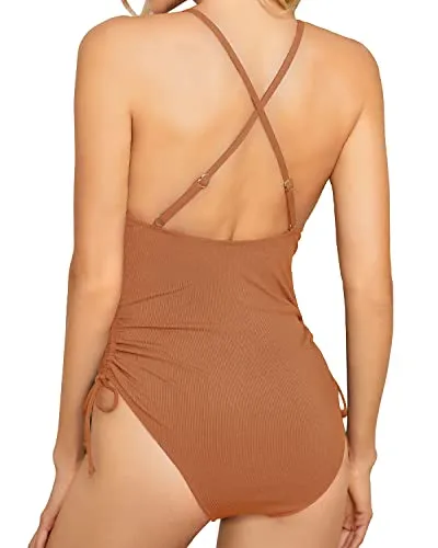 Lace Up Plunge V Neck One Piece Swimsuits For Women-Brown