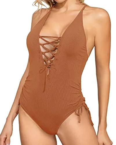 Lace Up Plunge V Neck One Piece Swimsuits For Women-Brown