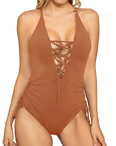 Lace Up Plunge V Neck One Piece Swimsuits For Women-Brown