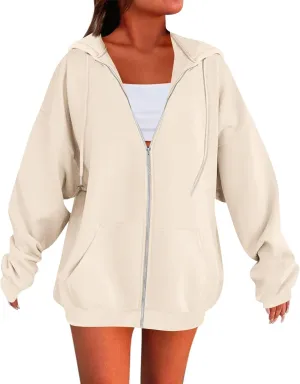 lcyhony Womens Fleece Zip Up Hoodie Trendy Oversized Long Sleeve Sweatshirt Lightweight Casual Workout Jackets with Pockets