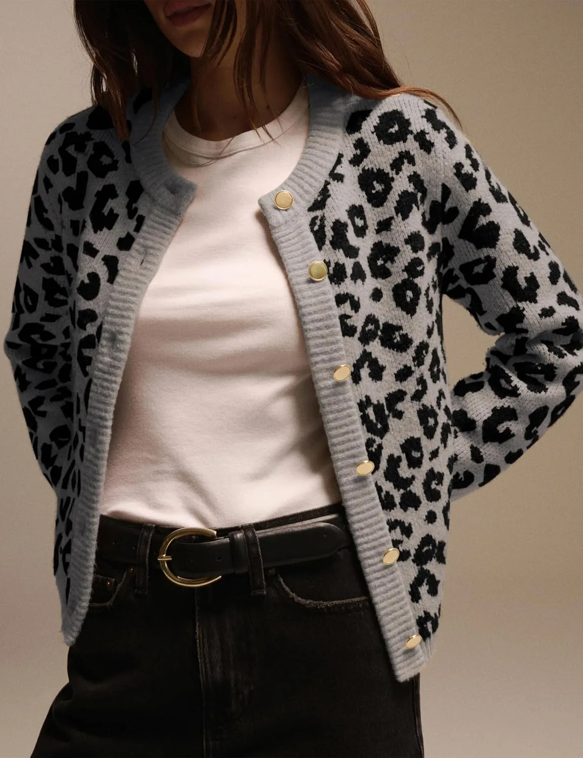 Leopard Cardigan Sweaters for Women Cheetah Print Open Front Button Down Long Sleeve Casual Knit Outwear Coats