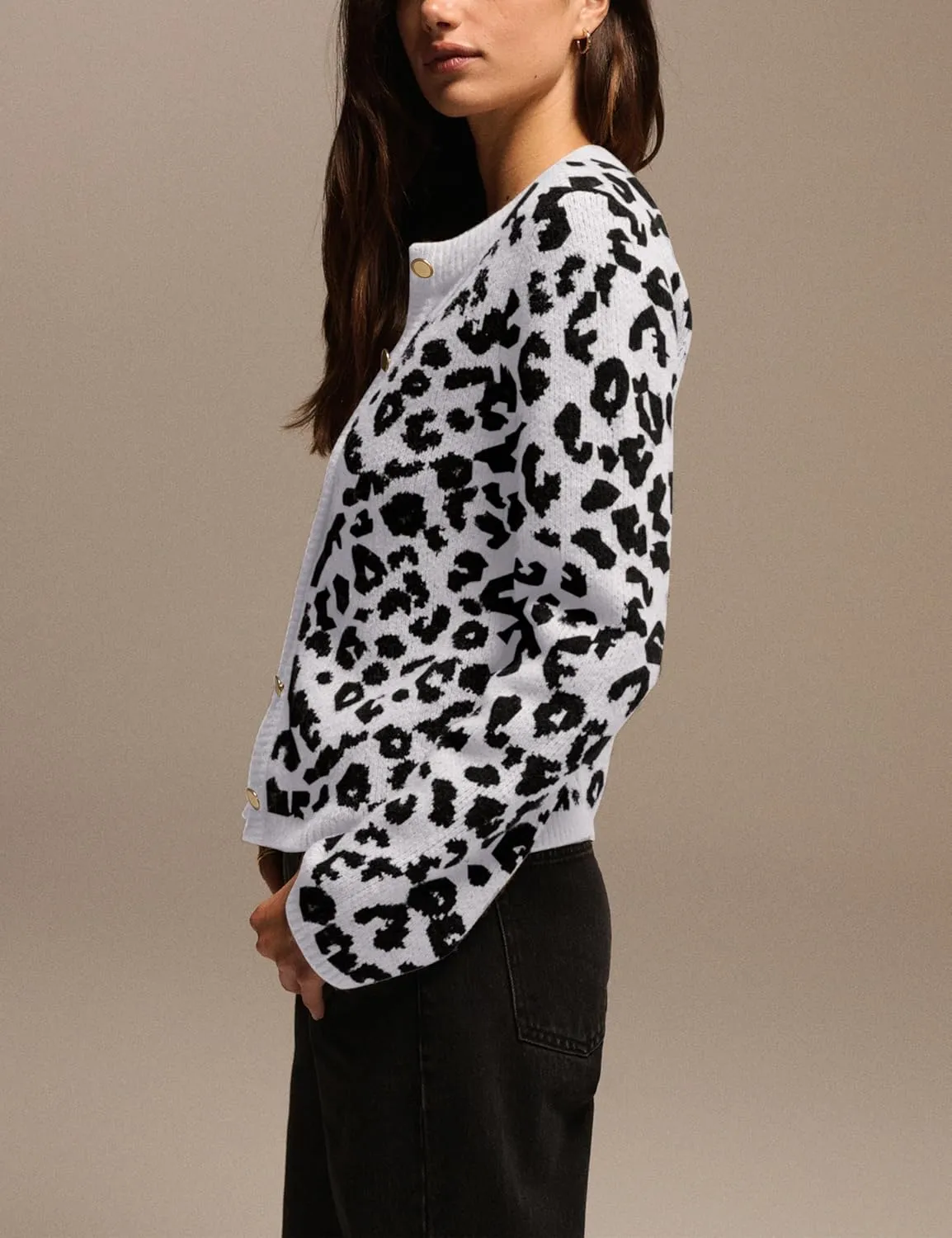Leopard Cardigan Sweaters for Women Cheetah Print Open Front Button Down Long Sleeve Casual Knit Outwear Coats