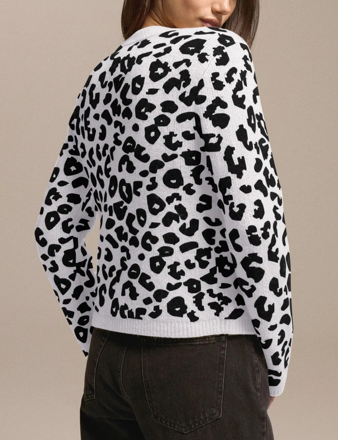 Leopard Cardigan Sweaters for Women Cheetah Print Open Front Button Down Long Sleeve Casual Knit Outwear Coats