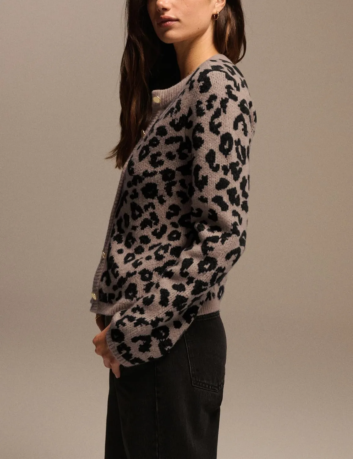 Leopard Cardigan Sweaters for Women Cheetah Print Open Front Button Down Long Sleeve Casual Knit Outwear Coats