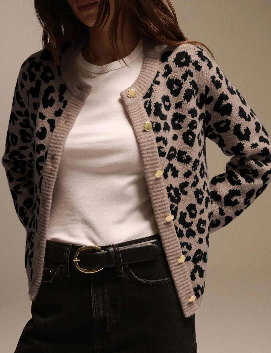 Leopard Cardigan Sweaters for Women Cheetah Print Open Front Button Down Long Sleeve Casual Knit Outwear Coats