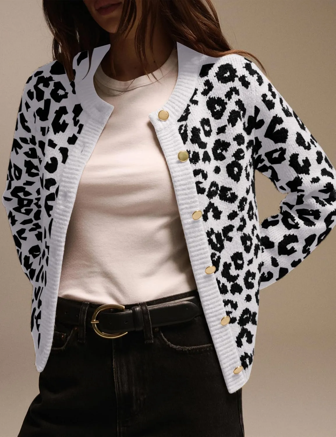 Leopard Cardigan Sweaters for Women Cheetah Print Open Front Button Down Long Sleeve Casual Knit Outwear Coats