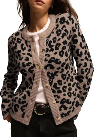Leopard Cardigan Sweaters for Women Cheetah Print Open Front Button Down Long Sleeve Casual Knit Outwear Coats