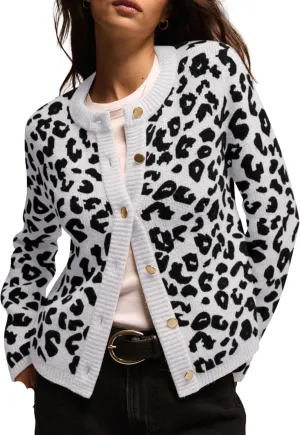 Leopard Cardigan Sweaters for Women Cheetah Print Open Front Button Down Long Sleeve Casual Knit Outwear Coats