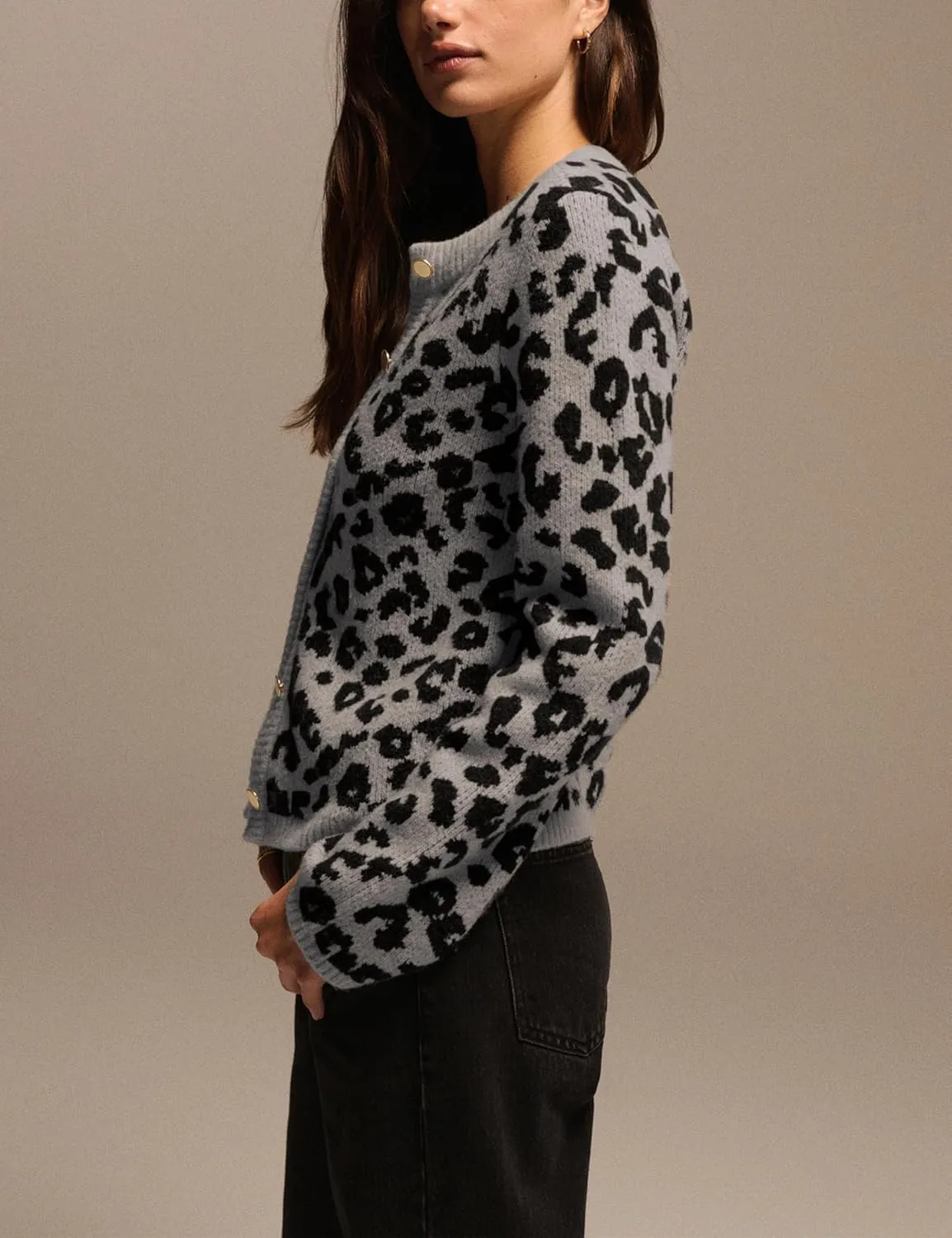 Leopard Cardigan Sweaters for Women Cheetah Print Open Front Button Down Long Sleeve Casual Knit Outwear Coats