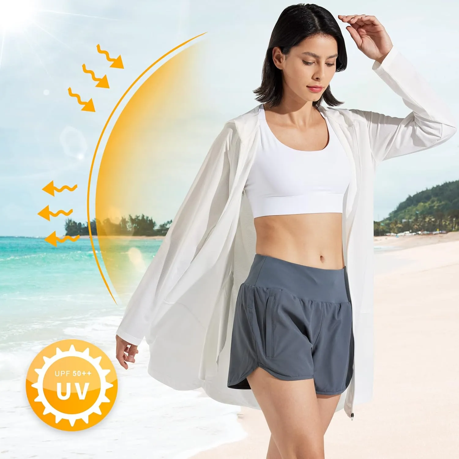 Libin Women's Sun Protection Hoodie Jacket Long Sleeve Swim Beach Cover Up Lightweight Zip Hiking Shirt with Pockets UPF 50 