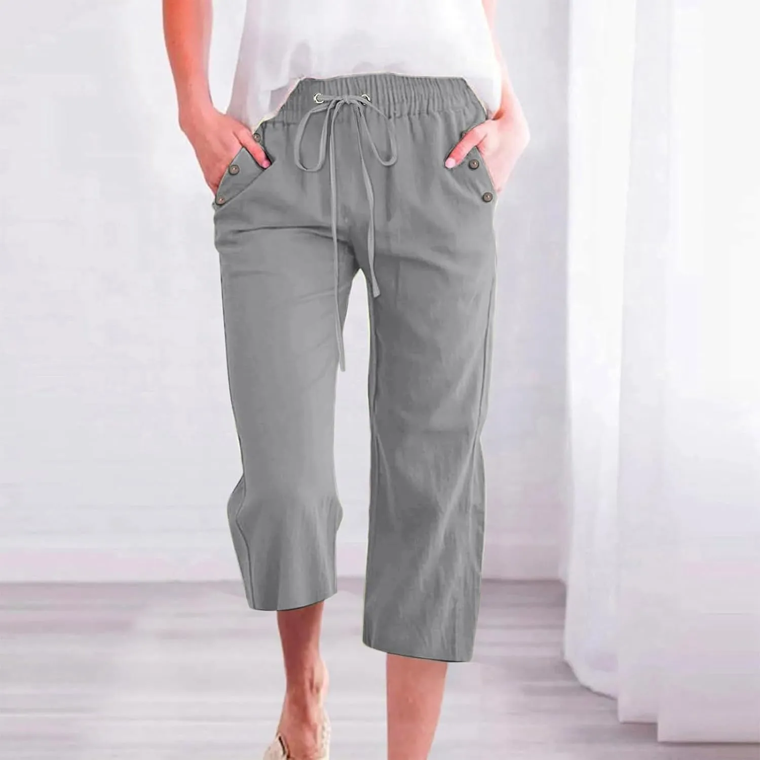 Linen Capri Pants for Women Casual 2025 Summer Drawstring Elastic High Waist Pant Straight Wide Leg Cropped Trouser