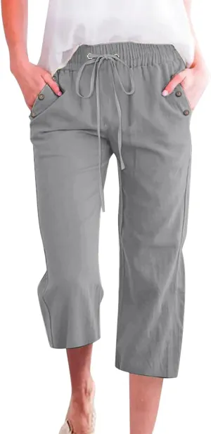 Linen Capri Pants for Women Casual 2025 Summer Drawstring Elastic High Waist Pant Straight Wide Leg Cropped Trouser