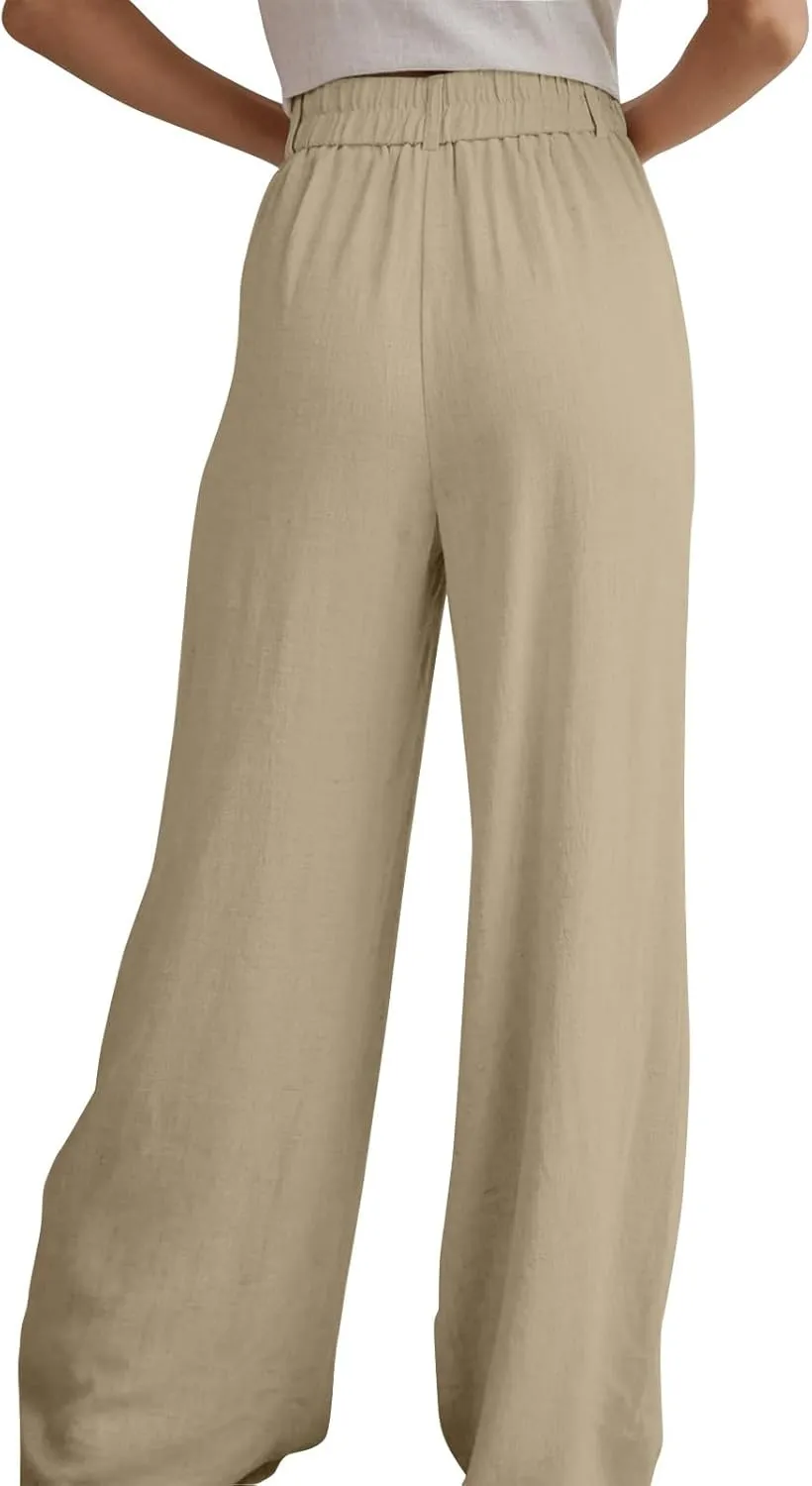 Linen Pants Women Summer Wide Leg Dress Pants Fashion High Waisted Button Palazzo Pant Business Work Pant