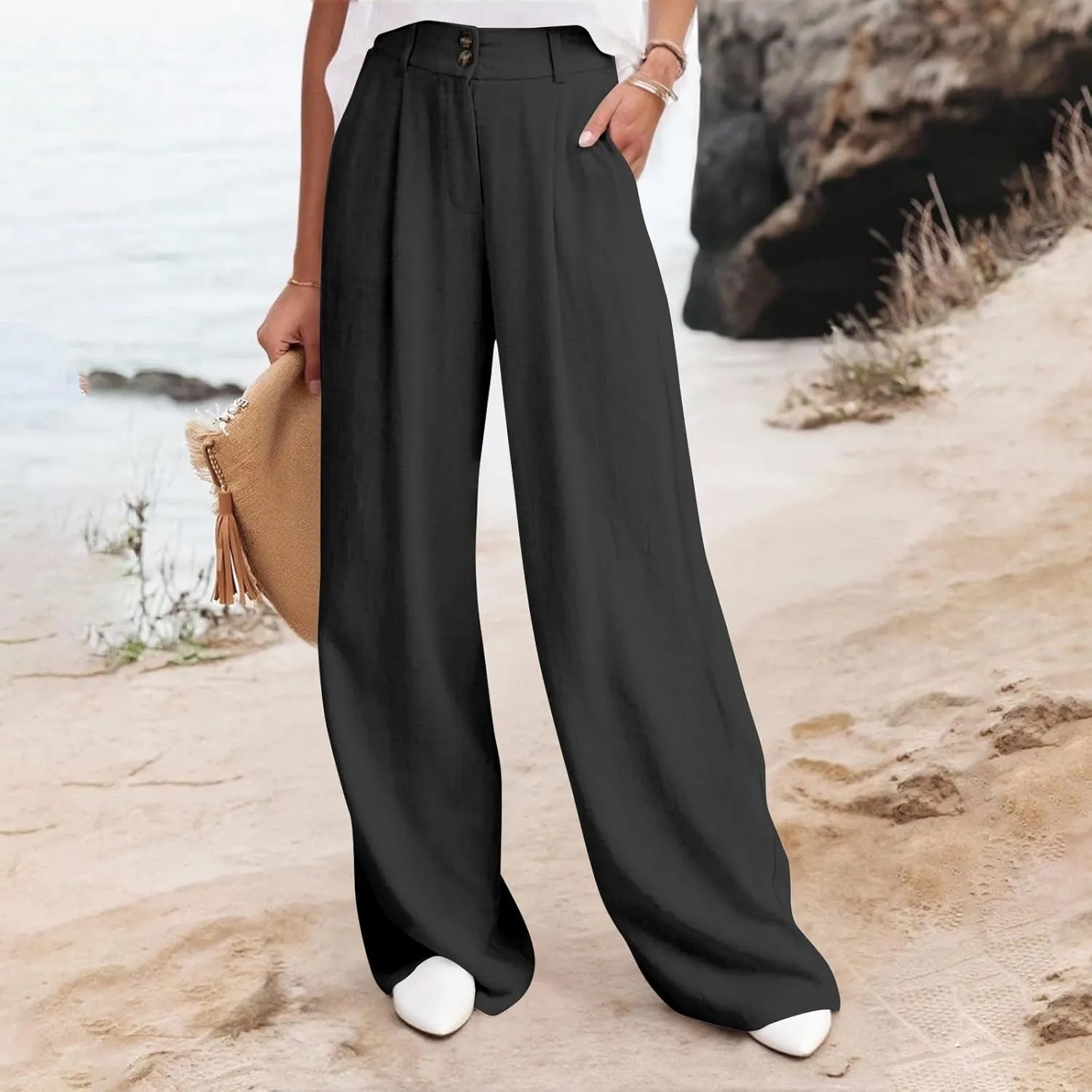 Linen Pants Women Summer Wide Leg Dress Pants Fashion High Waisted Button Palazzo Pant Business Work Pant