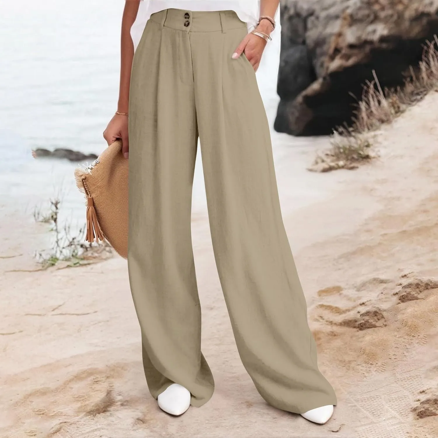 Linen Pants Women Summer Wide Leg Dress Pants Fashion High Waisted Button Palazzo Pant Business Work Pant
