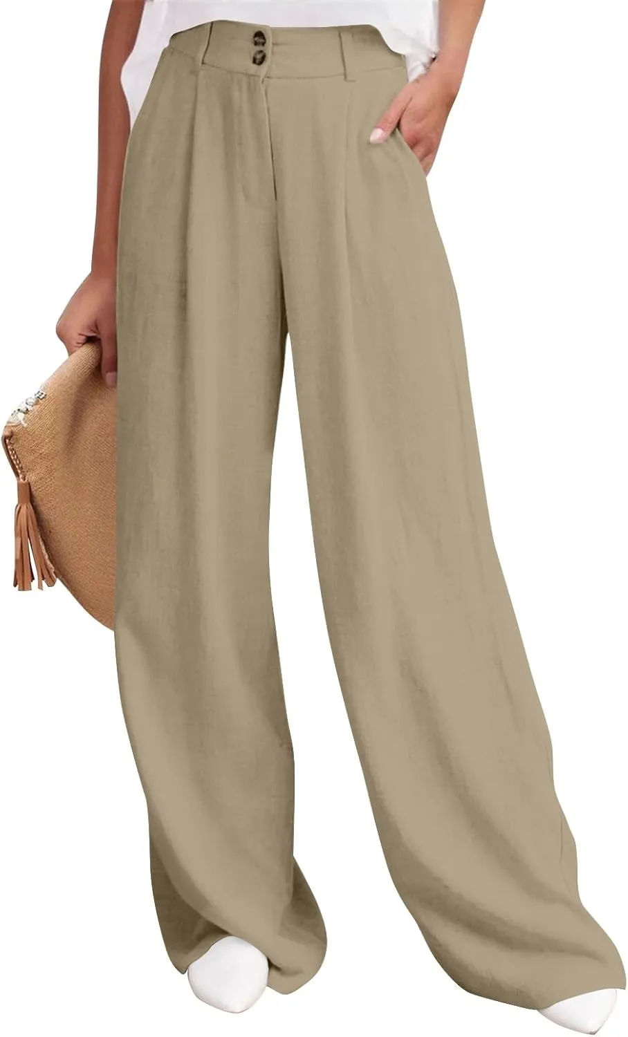Linen Pants Women Summer Wide Leg Dress Pants Fashion High Waisted Button Palazzo Pant Business Work Pant