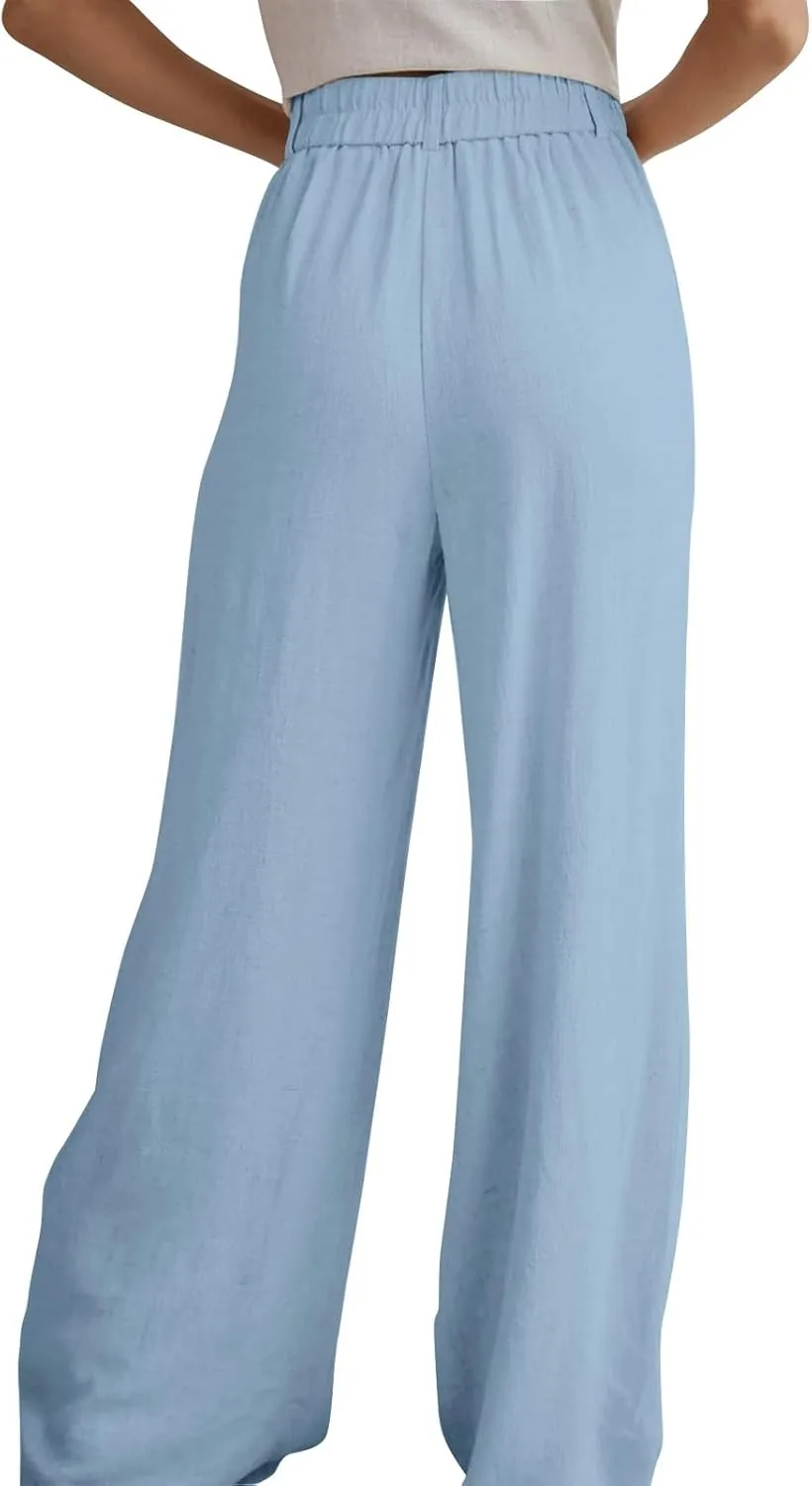 Linen Pants Women Summer Wide Leg Dress Pants Fashion High Waisted Button Palazzo Pant Business Work Pant