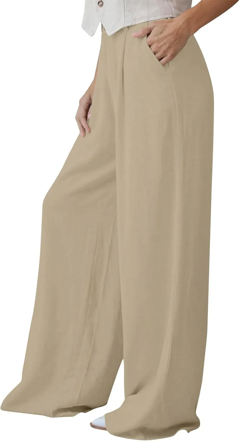 Linen Pants Women Summer Wide Leg Dress Pants Fashion High Waisted Button Palazzo Pant Business Work Pant