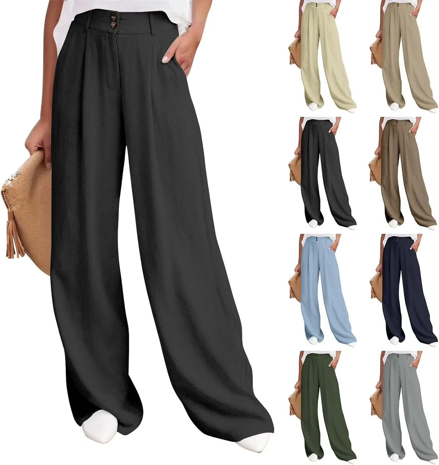 Linen Pants Women Summer Wide Leg Dress Pants Fashion High Waisted Button Palazzo Pant Business Work Pant