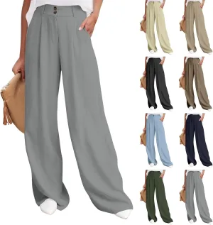 Linen Pants Women Summer Wide Leg Dress Pants Fashion High Waisted Button Palazzo Pant Business Work Pant