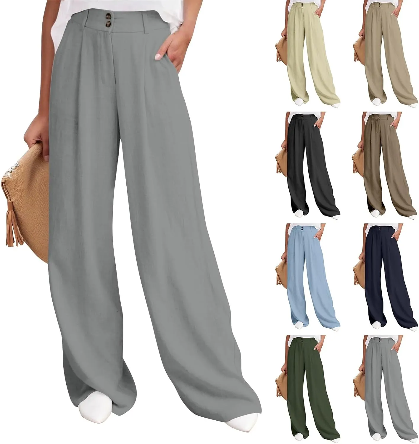 Linen Pants Women Summer Wide Leg Dress Pants Fashion High Waisted Button Palazzo Pant Business Work Pant