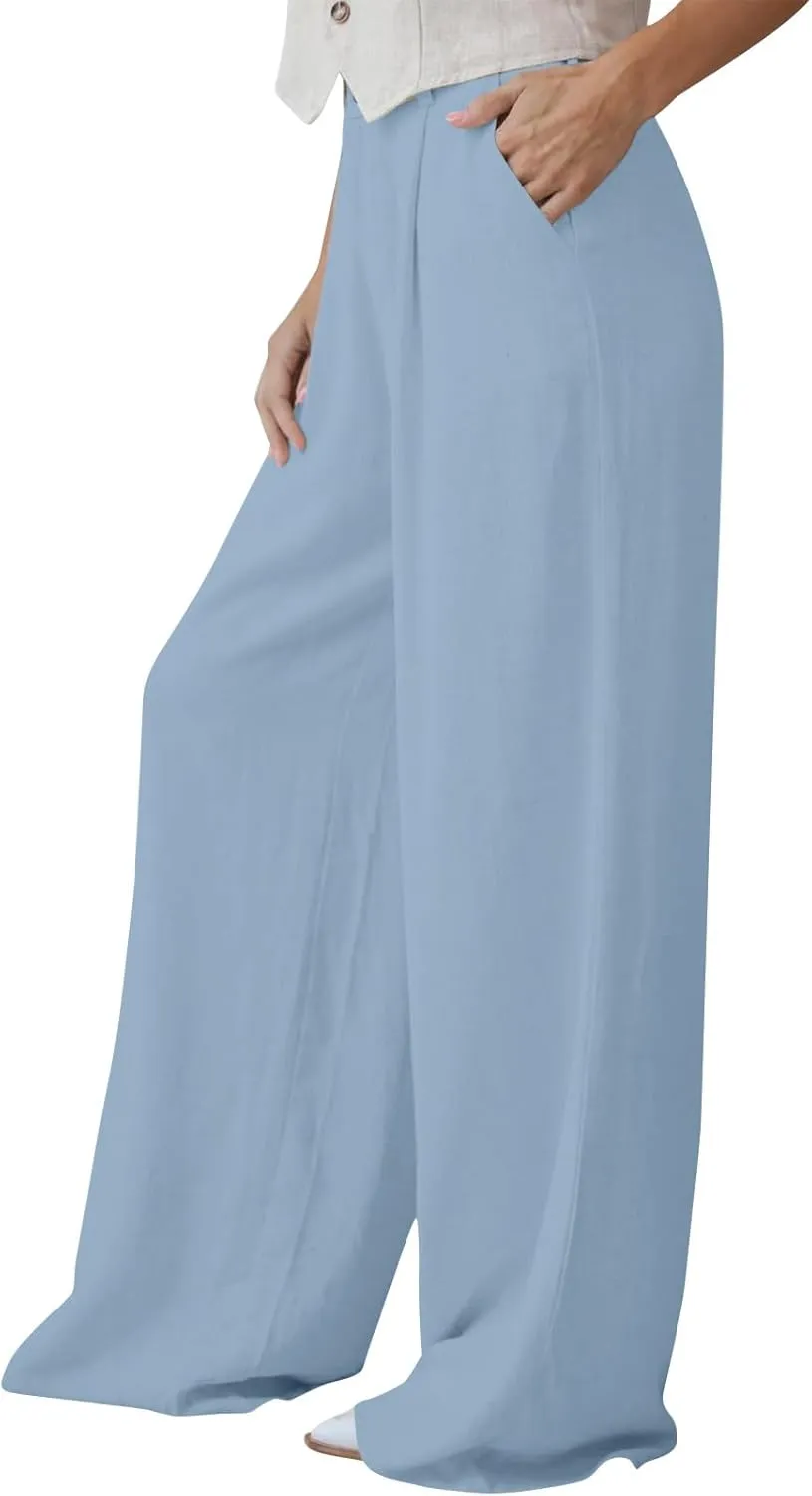 Linen Pants Women Summer Wide Leg Dress Pants Fashion High Waisted Button Palazzo Pant Business Work Pant