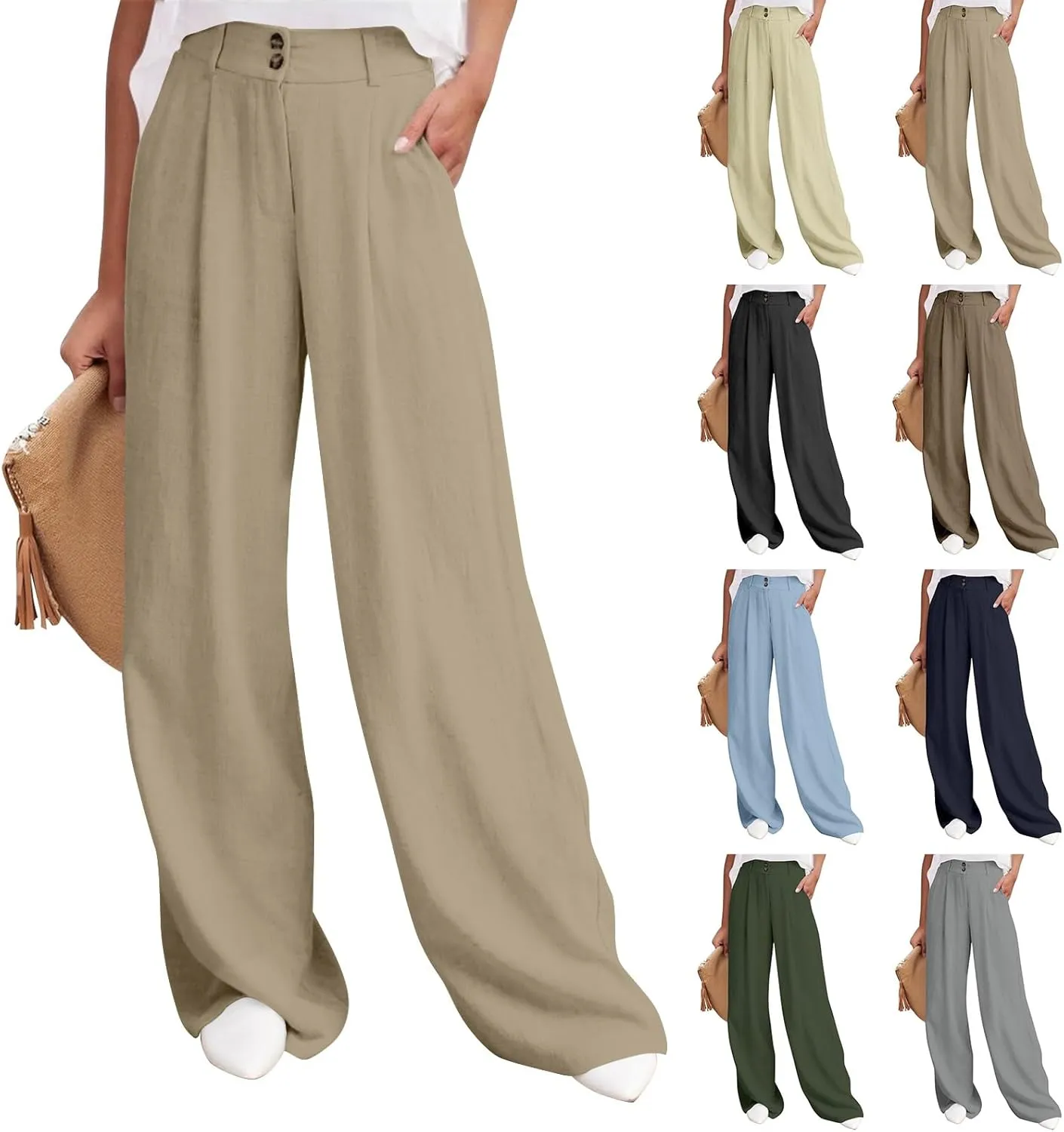 Linen Pants Women Summer Wide Leg Dress Pants Fashion High Waisted Button Palazzo Pant Business Work Pant