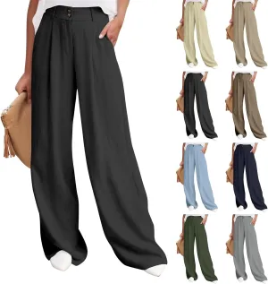 Linen Pants Women Summer Wide Leg Dress Pants Fashion High Waisted Button Palazzo Pant Business Work Pant
