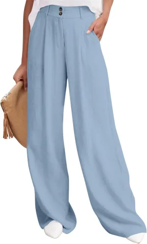 Linen Pants Women Summer Wide Leg Dress Pants Fashion High Waisted Button Palazzo Pant Business Work Pant