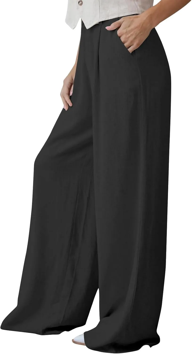 Linen Pants Women Summer Wide Leg Dress Pants Fashion High Waisted Button Palazzo Pant Business Work Pant