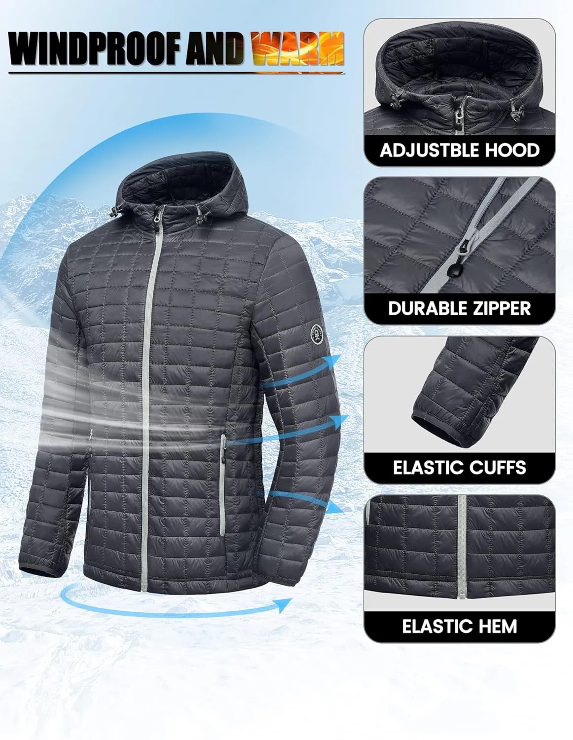 Little Donkey Andy Puffer Jacket Men Winter Coat with Hood Lightweight Jackets Waterproof with Recycled Insulation Outdoor
