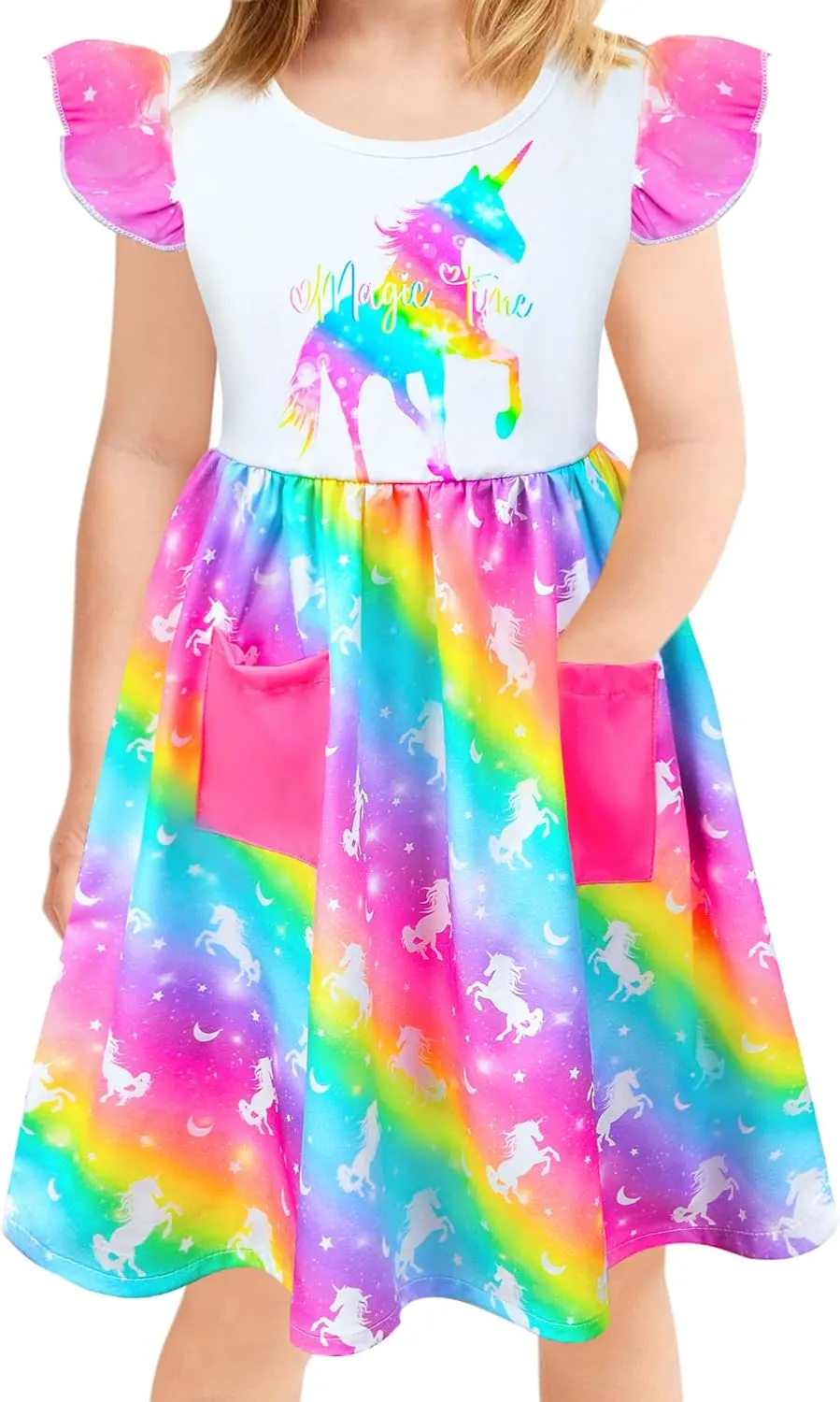 Little Toddler Girls Dress Flutter Sleeve Cute Mermaid Dinosaur Floral Summer Dresses Sundress with Pocket 2-7 Years