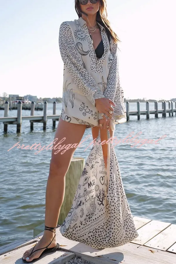 Live By Water Satin Unique Print Tassle Shirt and Elastic Waist Shorts Set